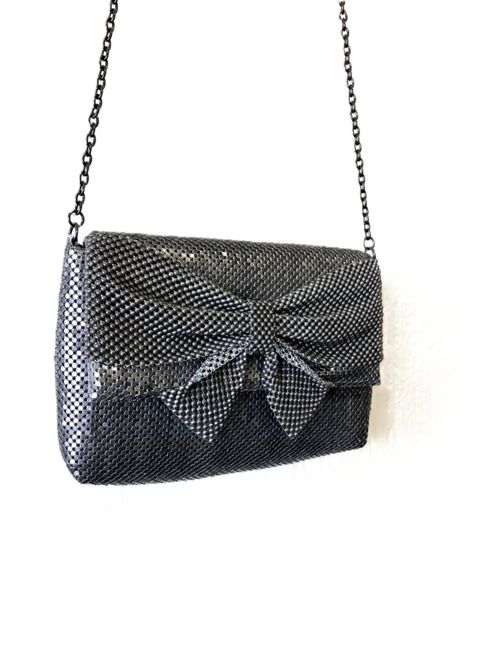 Jessica McClintock Silver Metal Mesh Chain Crossbody Clutch Bag | Bow Detail